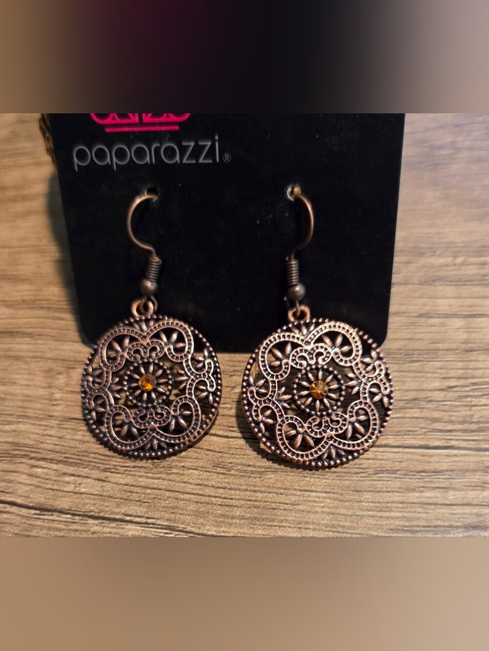 Paparazzi Copper Filigree Earrings with Amber Rhinestone